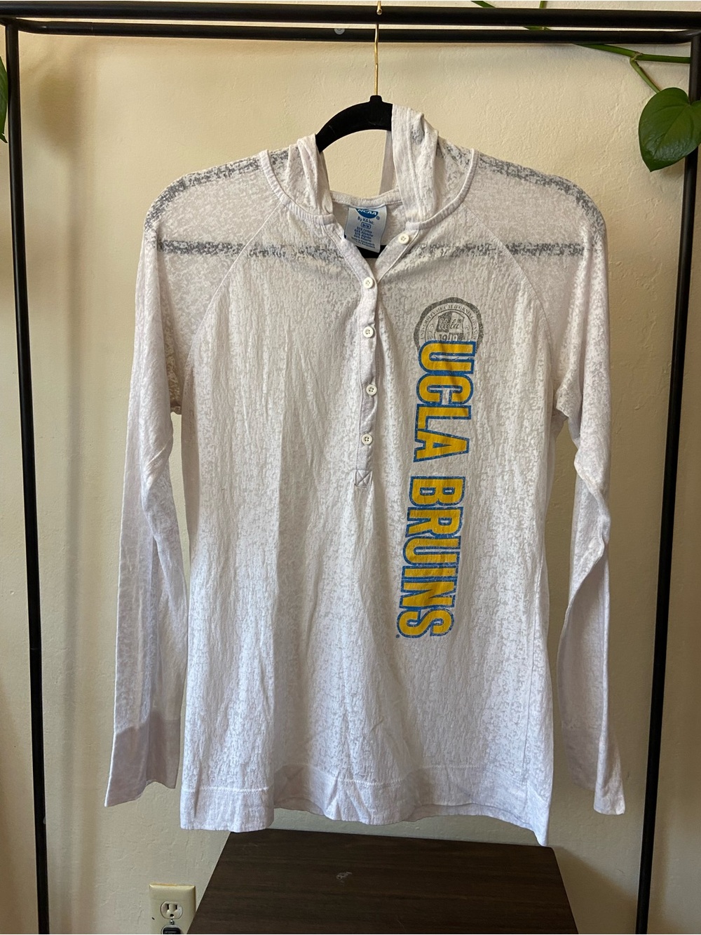 NCAA UCLA Bruins White Hooded Long Sleeve Henley with Blue & Gold Logo